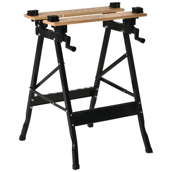 Bancada de Trabalho Dobrável Portátil com Placas Ajustáveis em Ângulo e Distância Bambú e Aço Carga Máx. 150kg 63,5x60x5x78cm Madeira Natural e Preto