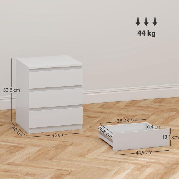 Cómoda com 3 Gavetas com Fecho Suave para Quarto Escritório Estilo Moderno 45x40x52,8 cm Branco