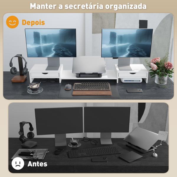 Suporte para Monitor com Ângulo e Comprimento Ajustável e 2 Gavetas para Escritório 60 - 116x22x12 cm Branco