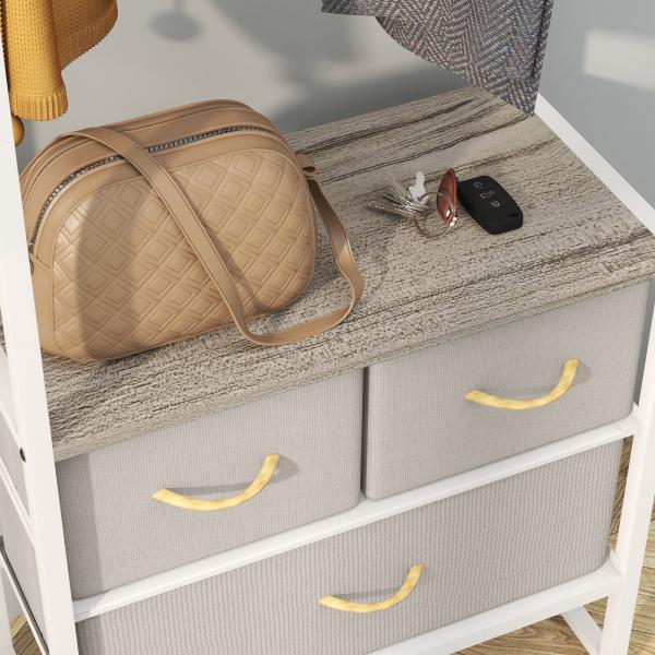 Suporte para Cabides com 3 Gavetas de Tecido Barra para Pendurar e Prateleira para Entrada Quarto 58,5x30x178 cm Natural