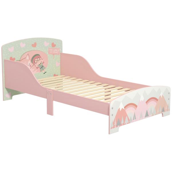 Cama para Crianças de Madeira com Barreira de Proteção e Estampados Carga Máx. 40 kg 143x77x60 cm Rosa