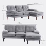 Sofá de Canto com Chaise Longue em Forma de L Estofado em Poliéster para Sala Capacidade 250 kg 215x142x88 cm Cinza
