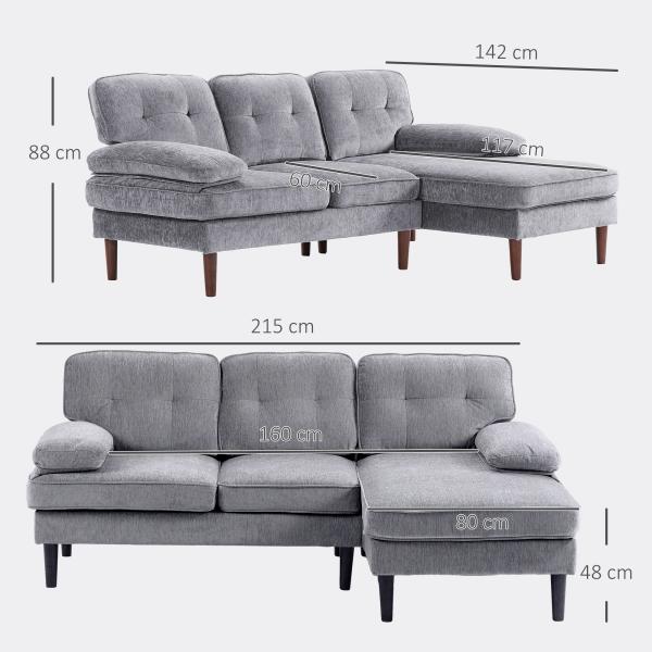 Sofá de Canto com Chaise Longue em Forma de L Estofado em Poliéster para Sala Capacidade 250 kg 215x142x88 cm Cinza