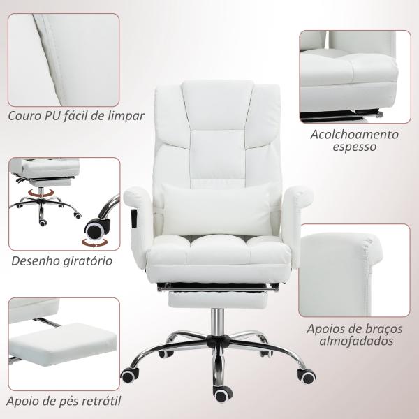 Cadeira de Escritório com Massagem em 6 Pontos Apoio para os Pés Retrátil Controlo Remoto e Suporte Lombar 69x65x115 cm Branco