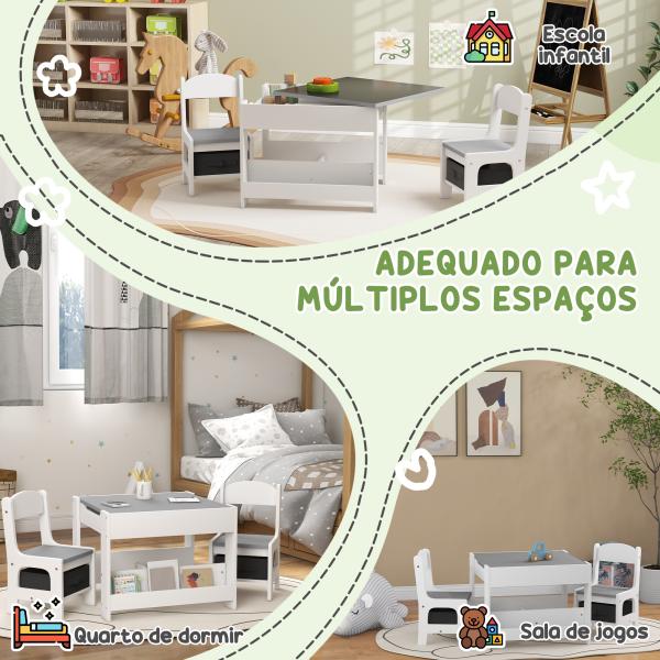 Conjunto de Mesa e 2 Cadeiras Infantis 2 em 1 com Ardósia Gavetas de Tecido e Espaço de Armazenamento para Quarto Cinza