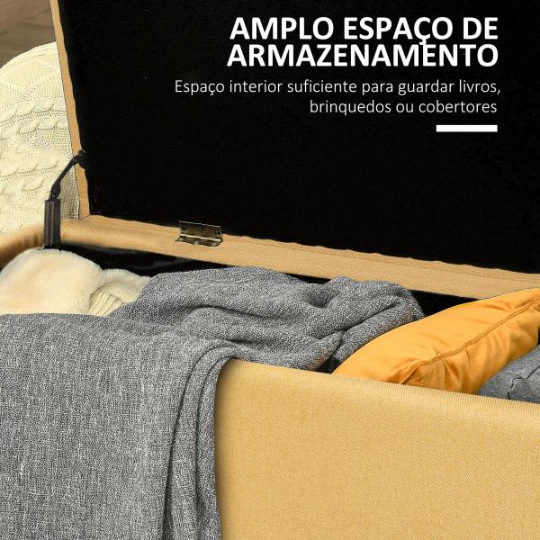 Banco de Armazenamento Estofado em Linho com Tampa Abatível e Pés de Aço Carga Máxima 150kg 101x38,5x44,5 cm Amarelo