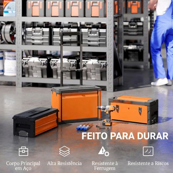 Caixa de Ferramentas com Rodas Empilhável em Aço com Bandeja e Pega Telescópica Laranja e Preto