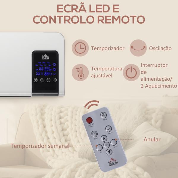 Aquecedor Elétrico de Parede 1000W/2000W Aquecedor com Ecrã LED Controlo Remoto Termostato Temporizador 54,5x12x21,5cm Branco