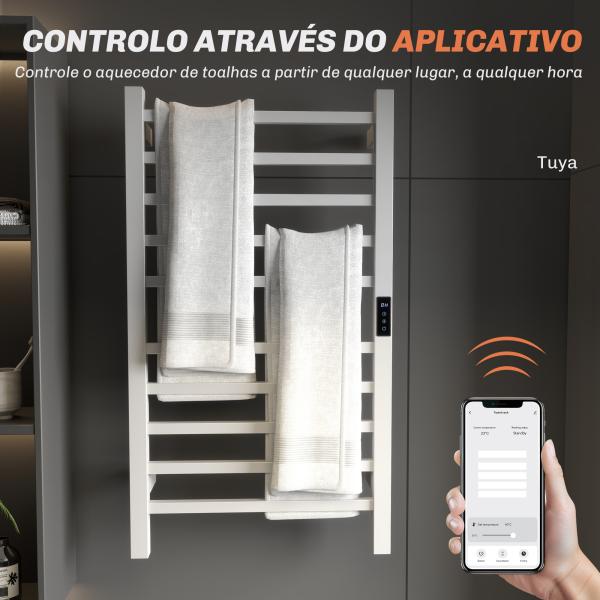 Toallero Elétrico de Parede 110W com Controlo WIFI Ecrã Tátil Temporizador 10 Barras Temperatura Ajustável Baixo Consumo IPX4 45x11x80 cm Branco