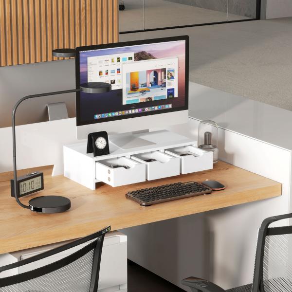 Suporte Elevatório para Monitor de Secretária com 3 Gavetas para PC e Portátil 51x24x13 cm Branco