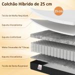 Colchão 190x135 cm Espessura 25 cm Colchão Viscoelástico com Molas Ensacadas de 7 Zonas Firmeza Média Capa Lavável