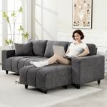Sofá Chaise Longue Reversível 3 Lugares com 2 Almofadas Estofado em Linho e Estrutura em Aço 242x156x87 cm Cinzento Escuro