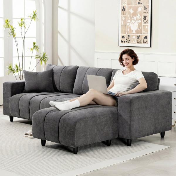 Sofá Chaise Longue Reversível 3 Lugares com 2 Almofadas Estofado em Linho e Estrutura em Aço 242x156x87 cm Cinzento Escuro