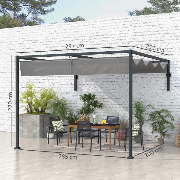 Pérgola de Parede 297x211x220 cm Pérgola de Jardim com Teto Retrátil e Estrutura de Aço Pérgola para Pátio Exterior Cinza Escuro