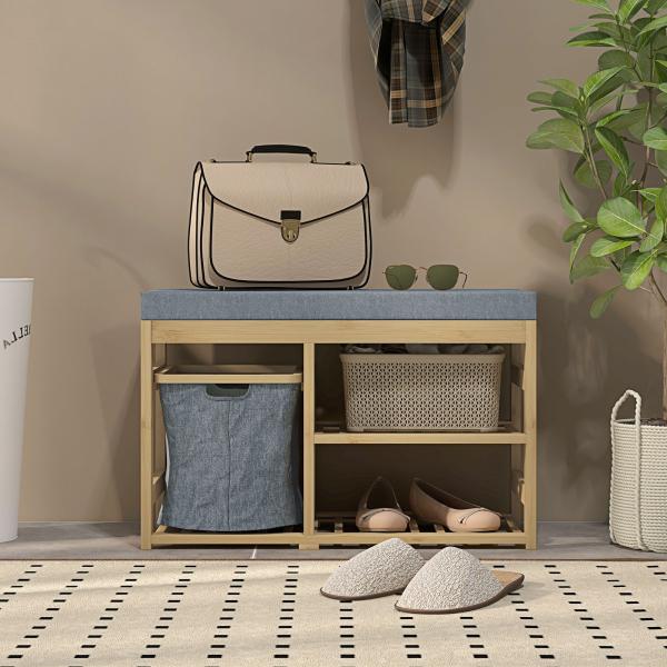 Banco para Sapatos de Bambu Móvel Sapateira com Assento Cesta Amovível e Prateleiras Abertas para 4 Pares de Sapatos 69x30x45 cm Madeira