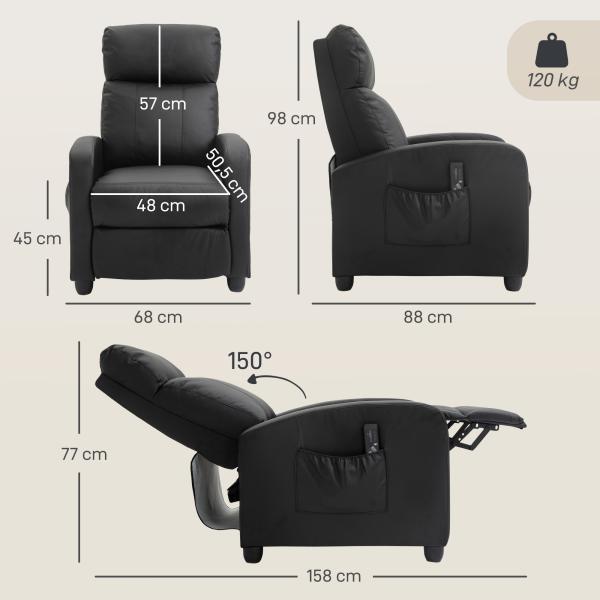 Poltrona de Massagem Reclinável com 2 Zonas de Massagem 8 Programas e 5 Níveis de Intensidade 68x88x98 cm Preto