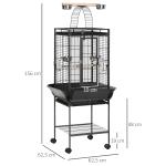 Gaiola para Pássaros com Suporte e Rodas 62,5x62,5x156cm Gaiola Metálica para Aves com Ponte de Arco 2 Poleiros 4 Comedouros 2 Bandejas Removíveis e Prateleira Inferior Cinza