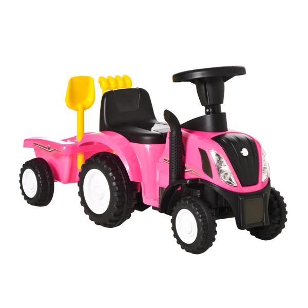Trator para Crianças de 12 - 36 Meses com Reboque Removível Carro Andador com Buzina Farol Pá e Ancinho Carga 25kg 91x29x44cm Rosa