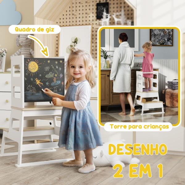 Torre de Aprendizagem para Crianças dos 3 - 6 Anos com Quadro e Grade de Segurança para Cozinha e Casa de Banho 55x52,5x87,5 cm Branco