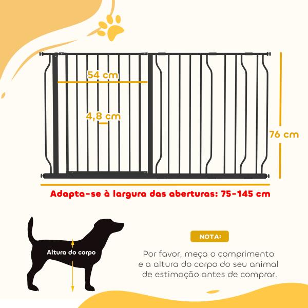 Barreira de Segurança para Cães com 3 Extensões Montagem a Pressão Duplo Bloqueio 75 - 145x76 cm Preto