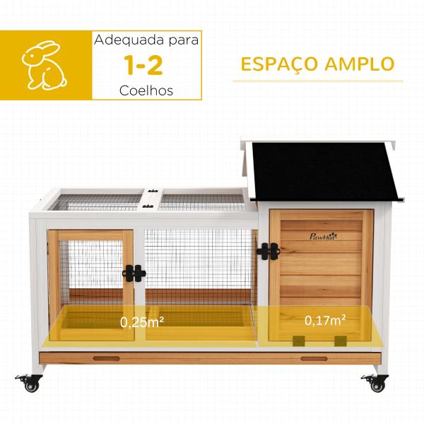 Coelheira de Madeira com Rodas para 1 - 2 Coelhos com Teto Abatível Bandeja Amovível 108x58x73,5 cm Madeira e Branco