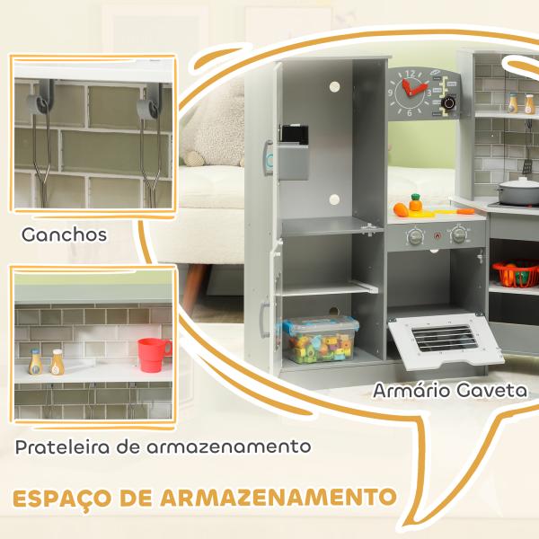 Cozinha de Madeira para Crianças com Sons Forno Lavatório Micro - Ondas Máquina de Gelo e Acessórios 110x80x91 cm Cinza