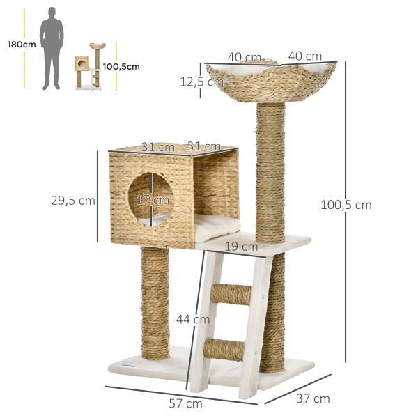 Arranhador para Gatos Arranhador para Gatos com Cama Superior Caverna 2 Almofadas 2 Postes Escada 57x37x100,5cm Bege