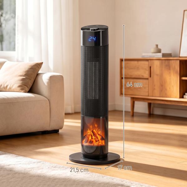 Aquecedor Elétrico Cerâmico PTC 2000W com 5 Modos, App Wi‑Fi, Chama 3D, Comando e Proteção contra Sobreaquecimento - Preto