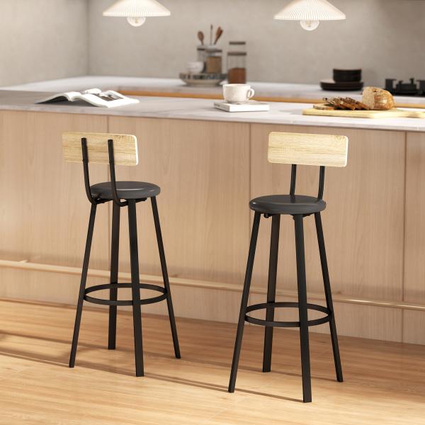 Conjunto de 2 Bancos de Bar Bancos Altos de Cozinha com Encosto e Apoio para Pés Estofados em PU Assento 41,5x36,5x99,5 cm Madeira e Preto