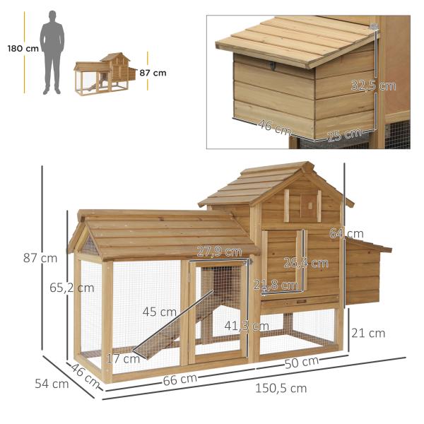 Galinheiro de Madeira de Abeto para Exterior Gaiola para 2 - 3 Galinhas com Cercado de Arame Teto Abatível Caixa Ninho Bandeja Removível e Rampa 150,5x54x87 cm Natural