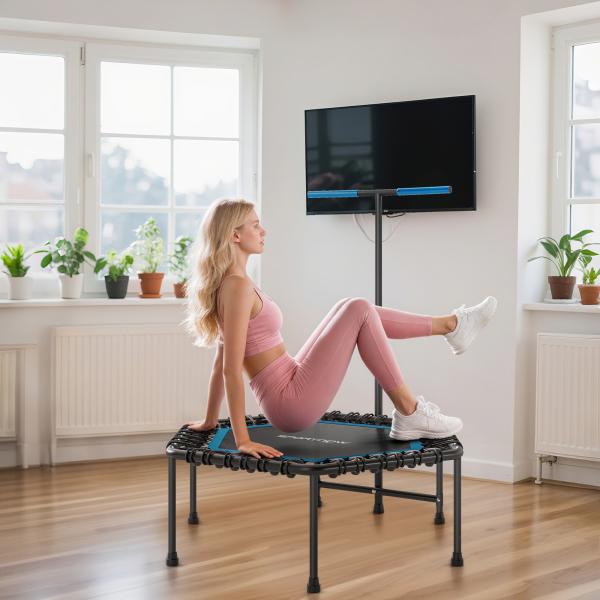 Trampolim Fitness 114x114x132 cm com Guiador Ajustável em 3 Níveis Estrutura de Aço para Treino de Perna Corpo Azul