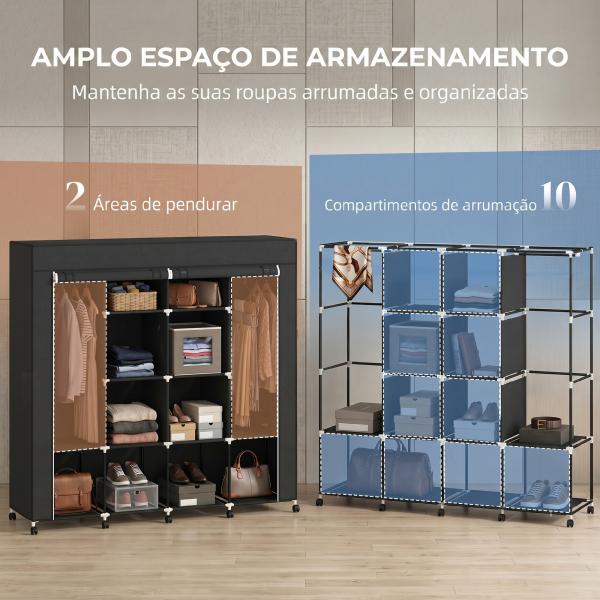 Armário de Tecido Portátil com Rodas, 10 Compartimentos, Espaço para Pendurar Roupa e Estrutura em Aço, Preto