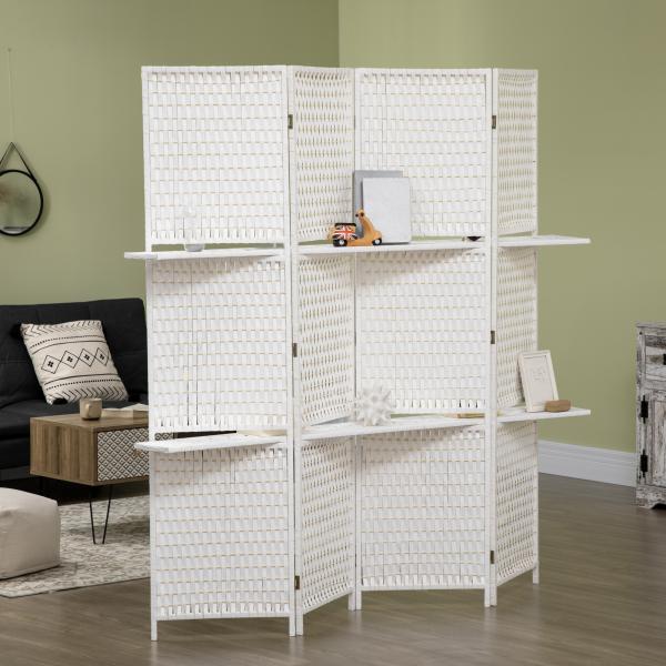Biombo de 4 Painéis Dobrável Separador de Ambientes Divisor de Ambientes com Prateleiras 181x180cm Branco