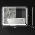 Espelho de Casa de Banho com Luz LED 70x50 cm Bluetooth 3 Cores de Luz Relógio Digital Função Antiembaciamento Memória Prata