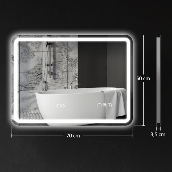 Espelho de Casa de Banho com Luz LED 70x50 cm Bluetooth 3 Cores de Luz Relógio Digital Função Antiembaciamento Memória Prata