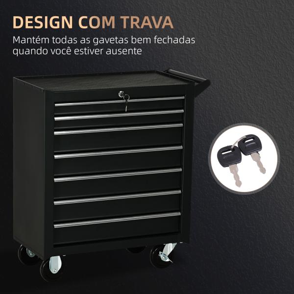 Carrinho de Ferramentas com 7 Gavetas Rodas Trava Armário de Armazenamento para Oficina de Garagem e Chapa de Aço 69x33x75 cm Preto