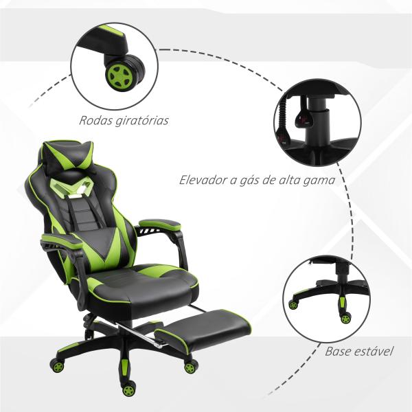 Cadeira de escritorio gaming ergonômica Altura Ajustável reclinável com apoio para pés Verde e Preto