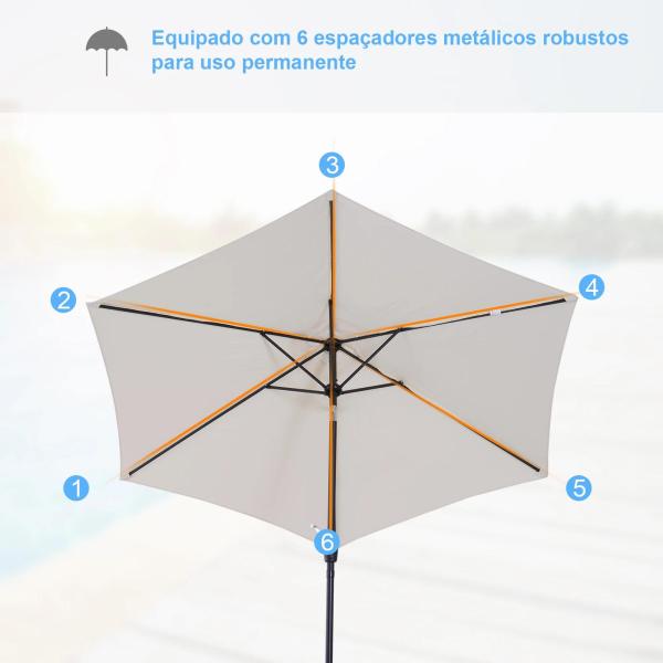 Chapéu de Sol de Jardim Ø270x235cm Chapéu de Sol de Alumínio Reclinável com Manivela e 6 Hastes para Terraço Exterior Balcão Creme