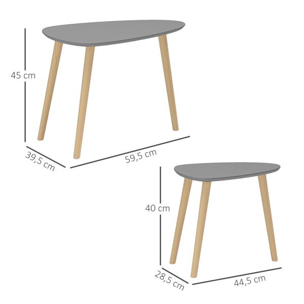 Conjunto de 2 Mesas Auxiliares com Pés de Madeira Mesas de Café 59,5x39,5x45cm e 44,5x28,5x40 cm Cinza