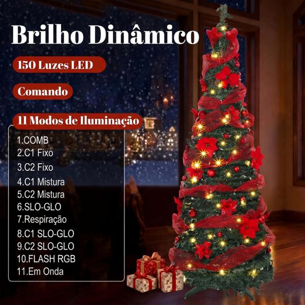 Árvore de Natal Artificial 180 cm com 150 Luzes LED 200 Ramos 11 Modos Bolas Fitas e Suporte Dobrável Verde e Vermelho