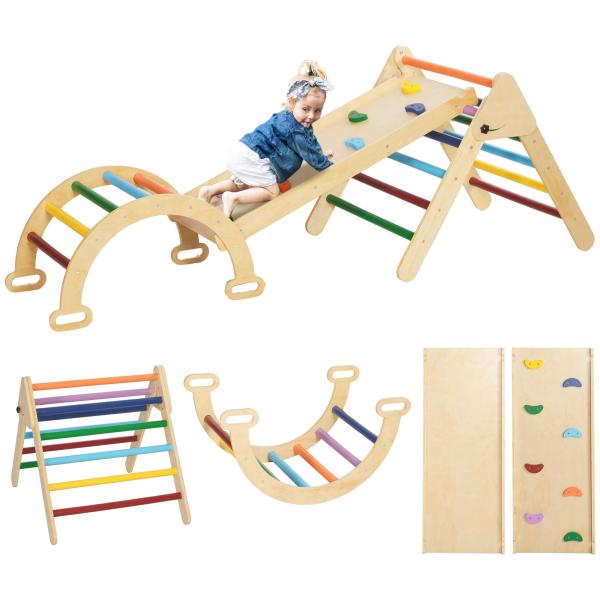 Triângulo de Escalada de Madeira 5 em 1 Escada para Crianças de 18 - 48 Meses com Rampa e Arco de Escalada 178x64,5x63 cm Multicor