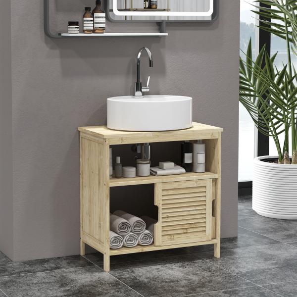 Móvel para Lavatório Pousar em Bambu com Portas Deslizantes de Ripas Compartimento Aberto 60x30x60 cm Madeira