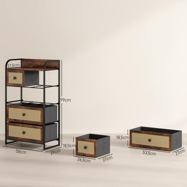 Cómoda de Tecido Cómoda para Dormitório com 5 Gavetas com Frente em Vime e Prateleira 58x29x99 cm Marrom Rústico