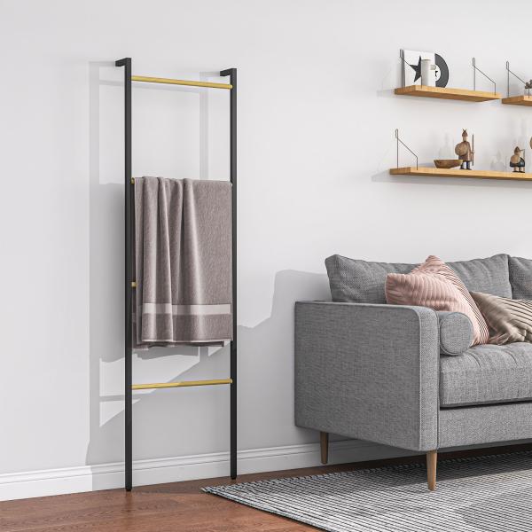 Toalheiro de 4 Níveis Toalheiro Casa de Banho com 4 Barras de Bambu e Estrutura de Aço 49x5,5x167,5 cm Preto e Madeira