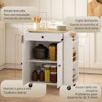 Ilha de Cozinha com Rodas com Gaveta Suporte para Temperos de 3 Níveis e Prateleira Ajustável 82x38x86,5 cm Branco