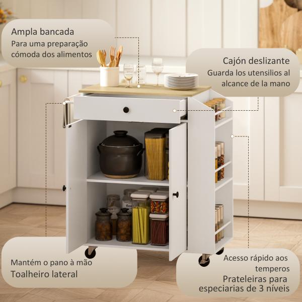 Ilha de Cozinha com Rodas com Gaveta Suporte para Temperos de 3 Níveis e Prateleira Ajustável 82x38x86,5 cm Branco