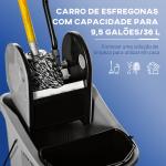 Balde de Esfregona Comercial com Espremedor de Pressão para Baixo Capacidade 36L com 4 Rodas 2 Cubetas 54x41x91,5 cm Cinza