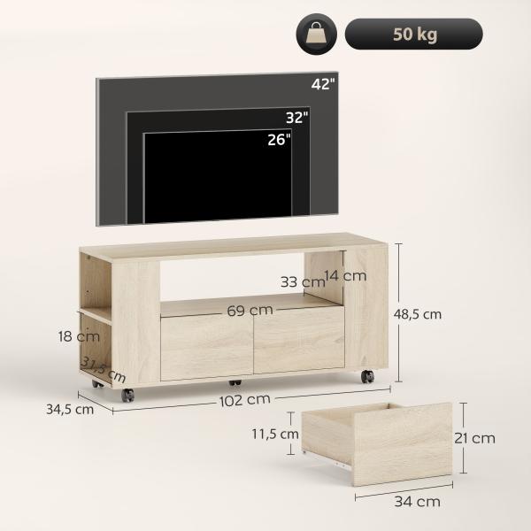 Móvel de TV com Rodas para Televisão até 42 Polegadas com 2 Gavetas Prateleiras Ajustáveis 102x34,5x48,5 cm Madeira