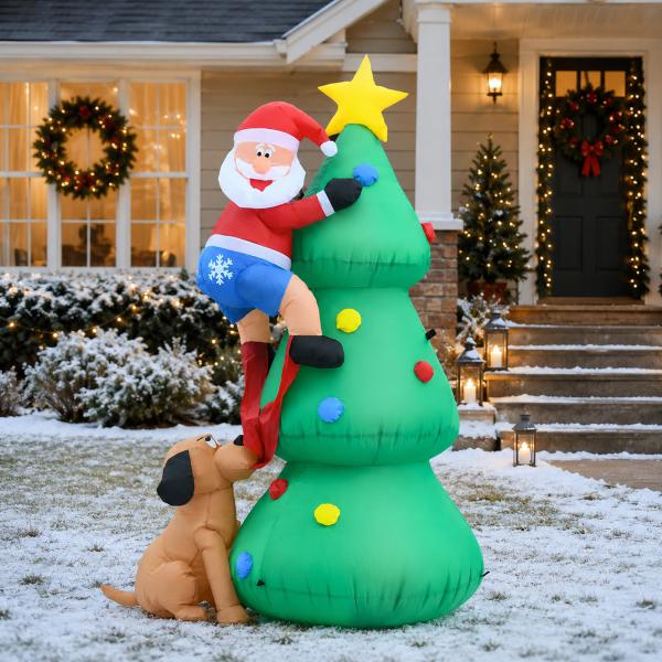 Árvore de Natal insuflável 180 cm com luzes LED, Pai Natal e cão, para interior e exterior, multicolor