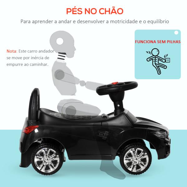 Carro Andador para Crianças com Faróis Música Buzina Volante Compartimento de Armazenamento 63,5x28x36 cm Preto